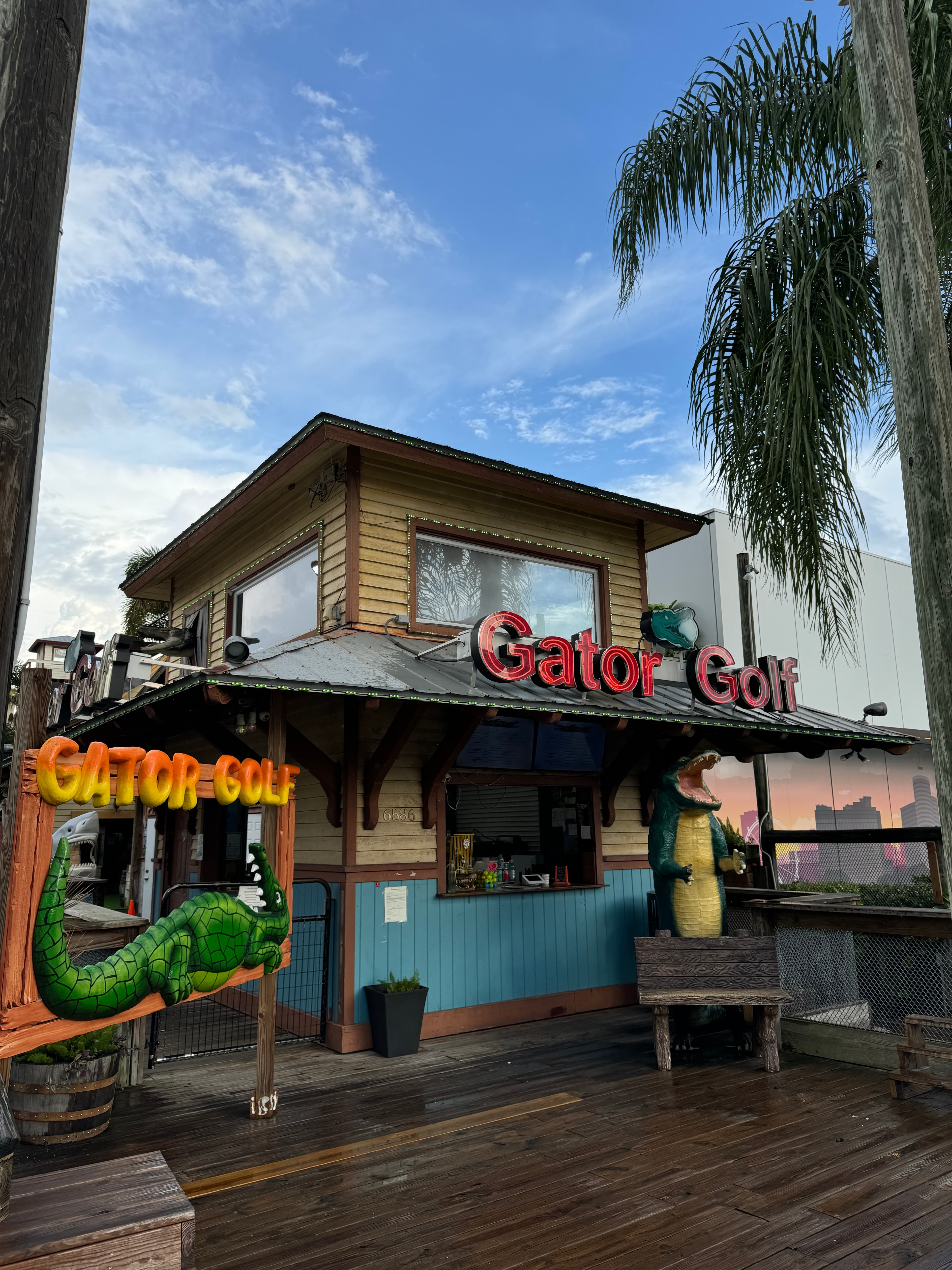 Tropical miniature golf course at sunset